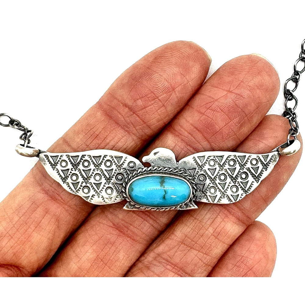 Navajo Thunderbird Turquoise Bar Necklace 20in Signed Spencer Native American